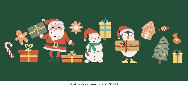 Merry xmas horizontal banner design with cartoon flat santa, snowman and animals. Cute childrens characters with gifts and candy canes. Hand drawn Christmas Festive elements background. Happy Holidays