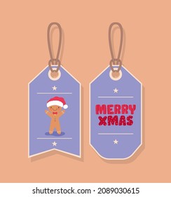 merry xmas label and cookie man over brown