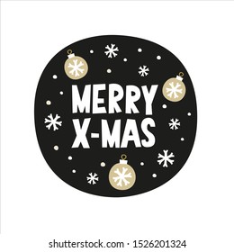 Merry x-mas label design, Christmas clipart with snowflakes and winter holiday ornaments for  party decoration, card, wall art, gift wrapping circle tag, sticker.