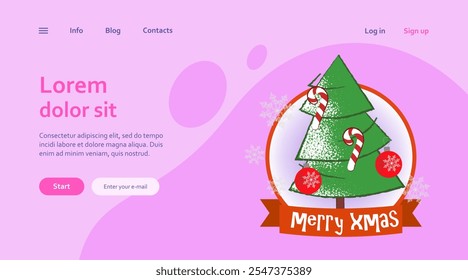 Merry Xmas landing page design with fir tree. Drawing of fir tree in round frame on bright purple background. Can be used for postcards, greeting cards, leaflets