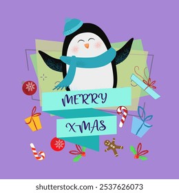 Feliz X-mas com letras e pinguim alegre. Cartão de saudação de Natal. Texto digitado, caligrafia. Para folhetos, brochuras, convites, cartazes ou faixas.