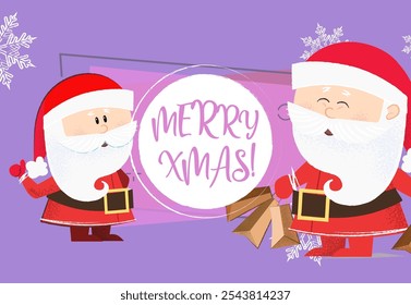 Merry Xmas lettering with cute Santa Clauses. Christmas greeting card. Typed text, calligraphy. For leaflets, brochures, invitations, posters or banners.