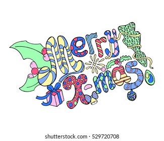 Merry X-mas lettering with doodle ornament vector illustration on white. Merry Christmas doodle picture with holly leaves and gift. Pastel colors Merry Christmas image. Child handdrawn card for Xmas