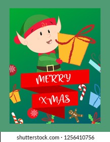 Merry X-mas lettering and elf with gift box. Christmas greeting card. Typed text, calligraphy. For leaflets, brochures, invitations, posters or banners.