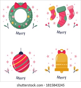 Merry Xmas lettering in gold wreath of fir and cones on the white background. Design for the poster, greeting card, tee shirt. Vector hand drawn illustration. Winter holidays.