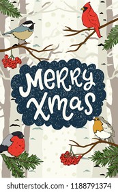 Merry Xmas lettering. Hand drawn vector illustration of the scene with cute birds seating on the fir tree and rowan branches in winter forest.  Poster or invitation card.