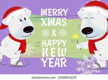 Merry Xmas lettering with polar bears and snowflakes. Christmas greeting card. Typed text, calligraphy. For leaflets, brochures, invitations, posters or banners.