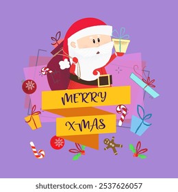 Feliz X-mas e Papai Noel com presentes. Cartão de saudação de Natal. Texto digitado, caligrafia. Para folhetos, brochuras, convites, cartazes ou faixas.