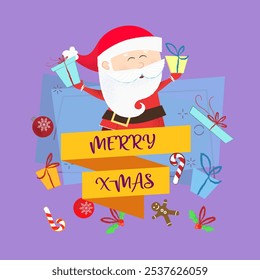 Merry X-mas lettering e Papai Noel segurando presentes. Cartão de saudação de Natal. Texto digitado, caligrafia. Para folhetos, brochuras, convites, cartazes ou faixas.