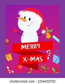 Merry X-mas lettering and snowman with bell. Christmas greeting card. Typed text, calligraphy. For leaflets, brochures, invitations, posters or banners.