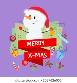 Merry X-mas lettering e boneco de neve com sino. Cartão de saudação de Natal. Texto digitado, caligrafia. Para folhetos, brochuras, convites, cartazes ou faixas.