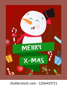 Merry X-mas lettering, snowman with candy cane and hat. Christmas greeting card. Typed text, calligraphy. For leaflets, brochures, invitations, posters or banners.