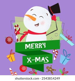 Merry X-mas lettering, boneco de neve com bengala e chapéu. Cartão de saudação de Natal. Texto digitado, caligrafia. Para folhetos, brochuras, convites, cartazes ou faixas.