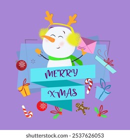 Feliz X-mas e boneco de neve com envelope. Cartão de saudação de Natal. Texto digitado, caligrafia. Para folhetos, brochuras, convites, cartazes ou faixas.