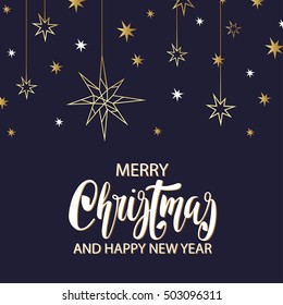 Merry Xmas Luxury Background With Golden Stars, Holiday Elements In Trendy Geometric Style. Greeting Card, Invitation, Flyer.