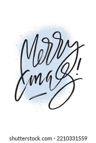 MERRY XMAS marker hand written graffiti style lettering on sprayed blue color background. Greeting card design. Vector illustration for stickers, social media posts, posters, banners, cards.