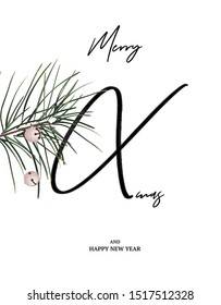 Merry Xmas minimalist card with pine branch and jingle bells. Modern Christmas design, happy winter holidays greeting card.