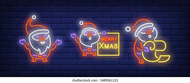 Merry Xmas neon lettering and Santa Clauses set. Christmas, New Year Day, celebration design. Night bright neon sign, colorful billboard, light banner. Vector illustration in neon style.