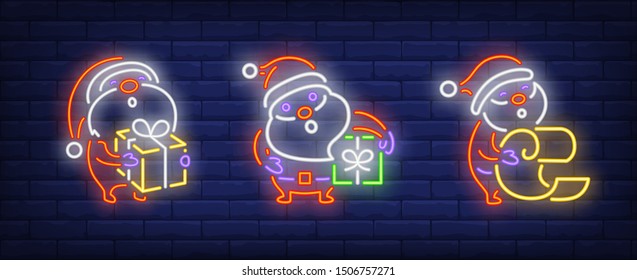 Merry Xmas neon sign collection. Santa, New Year, presents. Night bright advertisement. Vector illustration in neon style for banner, billboard