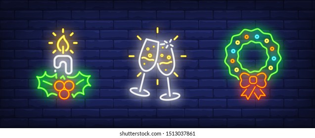 Merry Xmas neon sign collection. Candle, glasses with champagne, Christmas wreath. Night bright advertisement. Vector illustration in neon style for banner, billboard