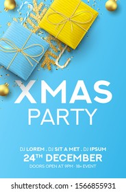 Merry Xmas party flyer template. Festive background with realistic blue and yellow gift boxes, candy canes, Christmas balls, gold confetti and snowflake. Vector illustration. Invitation to nightclub.