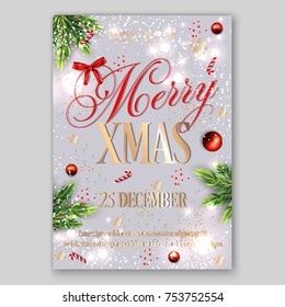 Merry Xmas Party invitation with fir branch christmas balls,  red bow, gold confetti