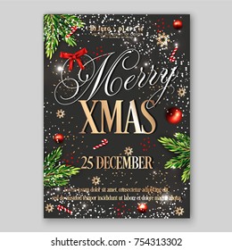 Merry Xmas Party invitation with fir branch christmas balls,  red bow, gold confetti