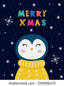 Merry Xmas, penguin cute vector illustration, design for  nursery, childish greeting card