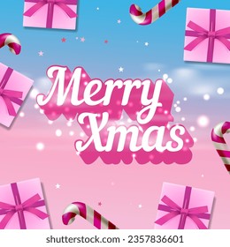Merry Xmas pink design. Christmas poster with gift boxes, candy sticks, holiday twinkling lights, vector illustration