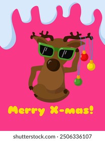 Merry X-mas, positive card with a stylish deer in sunglasses and Christmas balls on an extra pink background for design