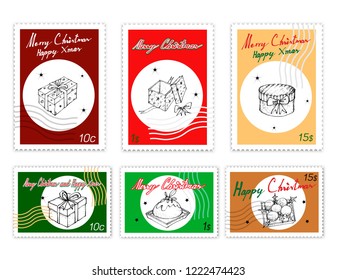 Merry Xmas, Post Stamps Set of Illustration Hand Drawn Sketch of Lovely Gift Boxes with Ribbons and Bows, Pudding Cake and Ornament Baubles, Sign for Start Christmas Celebration.