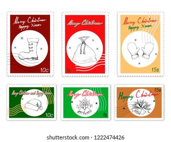 Merry Xmas, Post Stamps Set of Illustration Hand Drawn Sketch of Santa Clause Hat, Boot, Bag and Mitten with Jingle Bells. Sign for Start Christmas Celebration.