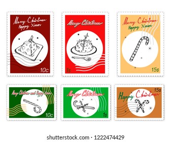 Merry Xmas, Post Stamps Set of Illustration Hand Drawn Sketch of Lovely Pudding Cake and Candy Canes, Sign for Start Christmas Celebration..