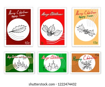 Merry Xmas, Post Stamps Set of Illustration Hand Drawn Sketch of Holly Conners and Candle Lights. Symbolise The Light of God Coming into The World Through The Birth of His Son, Jesus.
.
