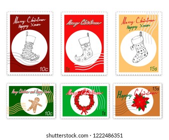 Merry Xmas, Post Stamps Set of Hand Drawn Sketch of Santa Claus Stockings, Christmas Wreath, Poinsettia Flower and Gingerbread Man Cookie. Sign for Christmas Celebration.