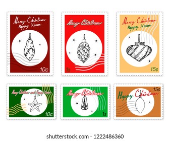 Merry Xmas, Post Stamps Set of Illustration Hand Drawn Sketch of Various Style of Lovely Christmas Lights, One of The Most Often Seen Symbols of Christmas. 