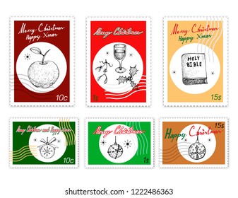 Merry Xmas, Post Stamps Set of Illustration Hand Drawn Sketch of Apple, Wine, Mistletoe, Holly Corner, Bible and Ornament Baubles. Sign for Christmas Celebration.
