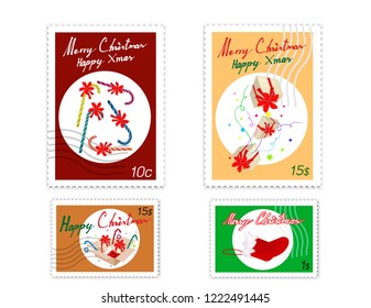 Merry Xmas, Post Stamps Set of Hand Drawn Sketch of Stocking, Candy Canes, Candles with Bauble and Fir Twigs. Sign for Christmas Seasons.