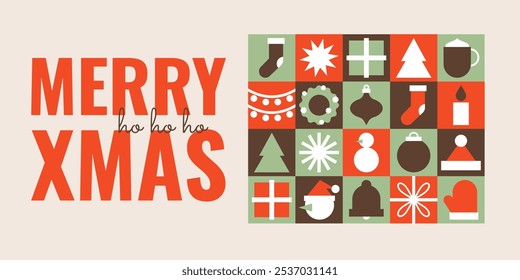 Merry Xmas poster. Vector horizontal illustration, minimalist geometric modern style. Trendy holiday background with Christmas geometrical winter ornament. For invitation, greeting card, cover, sale