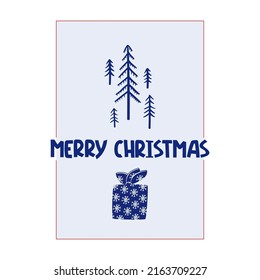 Merry Xmas quote with christmas tree and gift. Unique handwriting wishes. Design element for congratulation card, banner or flyer. Vector illustration