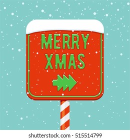Merry Xmas road sign with fir-tree arrow, holiday pointer, christmas card banner