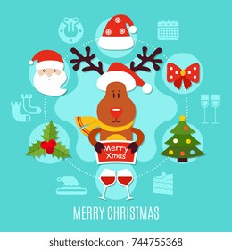 Merry xmas, round composition including santa, deer with greeting,  glasses wine on blue background flat vector illustration