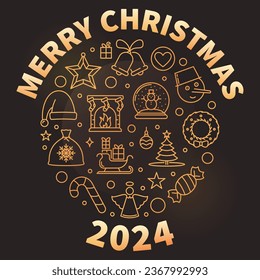 Merry Xmas round golden poster or banner - vector 2024 Year thin line illustration