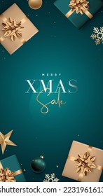 Merry Xmas Sale vertical banner. Christmas Advertising design, special season offers. Stories vector template for social media.