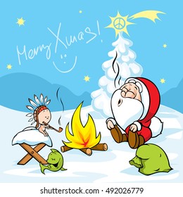 Merry Xmas - Santa with baby Jesus sitting by the fire and smokes Indian peace pipe, vector illustration cartoon