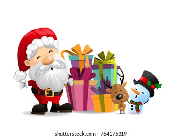 Merry Xmas, Santa, reindeer and snowman they are happy on gift boxes isolated on white background, cute cartoon. vector and illustration.