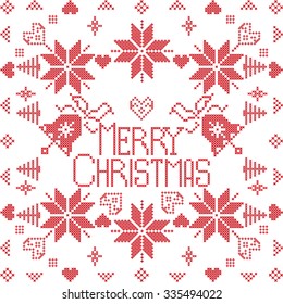 Merry Xmas Scandinavian style Nordic winter stitch, knitting seamless pattern in the square shape including snowflakes, trees, hearts, decorative elements in in red tile
