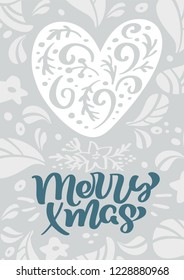 Merry Xmas scandinavian vector calligraphy lettering text in Christmas greeting card design with heart. Hand drawn illustration of floral texture. Isolated objects