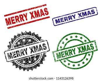 MERRY XMAS seal imprints with distress texture. Black, green,red,blue vector rubber prints of MERRY XMAS text with grunge texture. Rubber seals with circle, rectangle, medallion shapes.