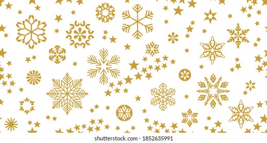 Merry Xmas Seamless Pattern. Golden snowflakes and other festive decorations on white background. Vintage art collection. Template for gift wrappings, cards, banners.